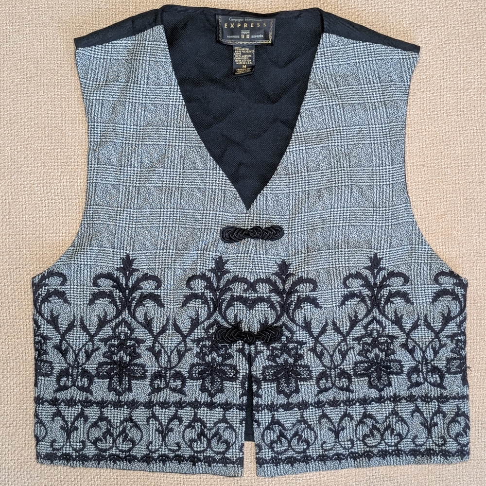 Vintage Express Gray Black Embroidered Ornate Vest